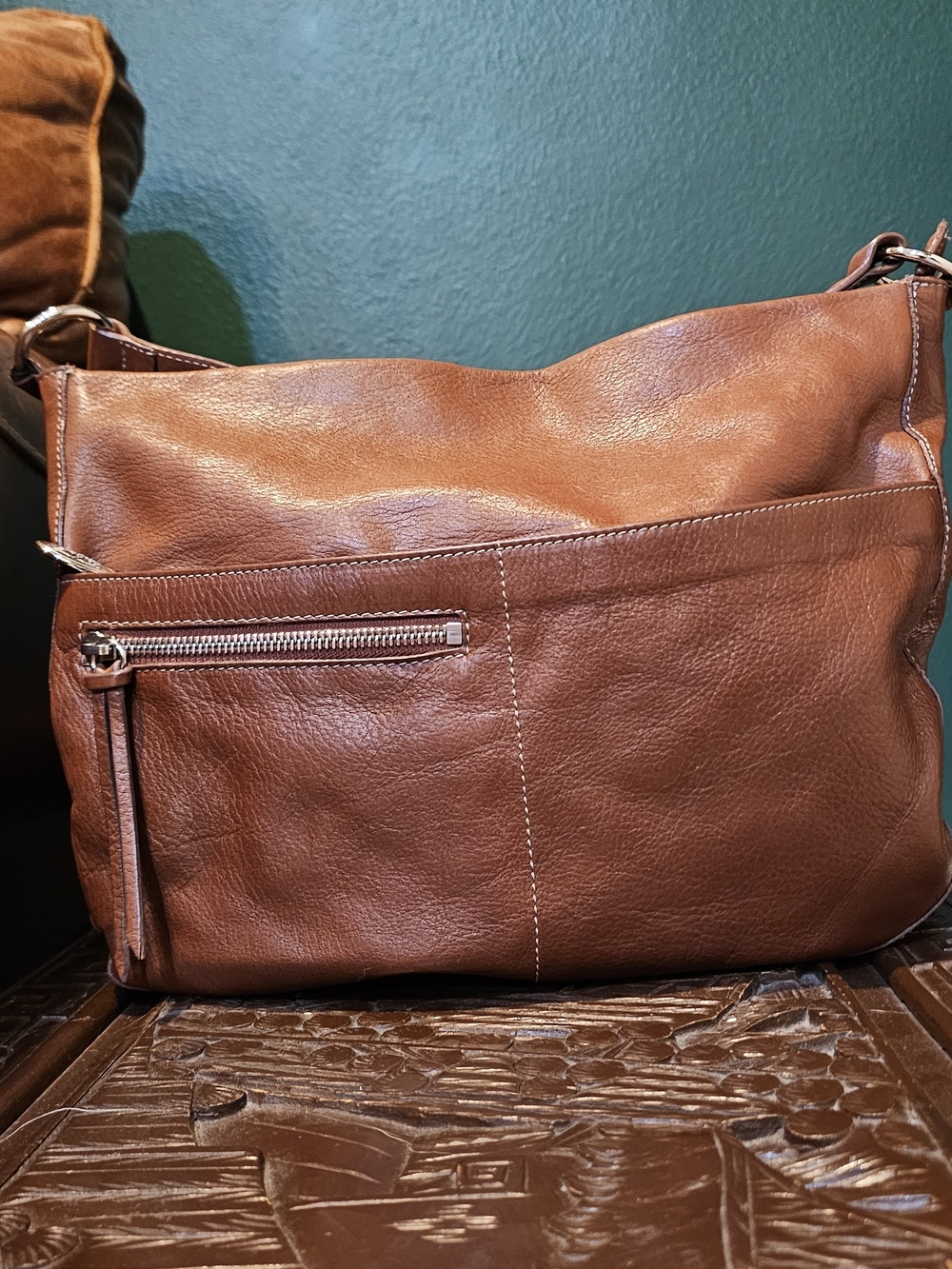 Furla Cognac Leather Shoulder Bag with Front Zip
